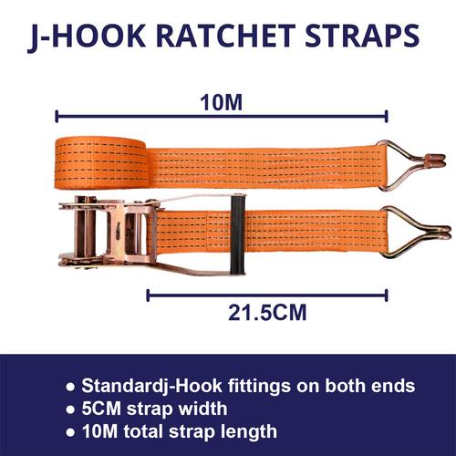JLD Ratchet Tie Down 2" X 10Meter Webbing Cargo Lashing J-Hook Strap