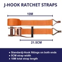 JLD Ratchet Tie Down 2" X 10Meter Webbing Cargo Lashing J-Hook Strap