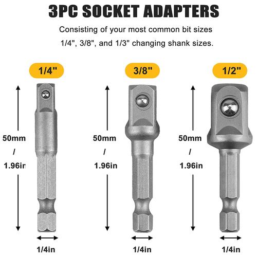 JLD Socket Adapter Drill Bits Hex Shank Impact Driver Tools 1/4" 3/8" 1/2" Adapter Kepala Bor Hex Kunci Socket Impact Driver Converter 3PCS