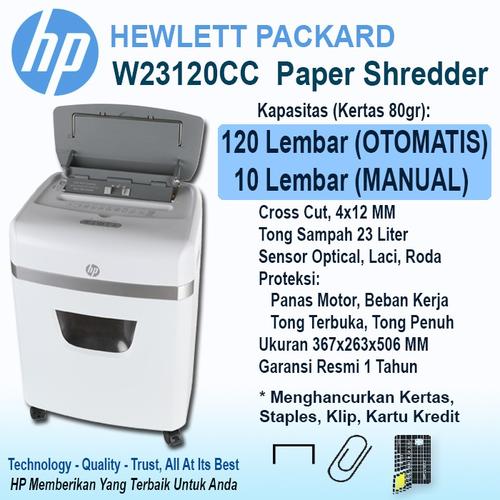 HP 23120 Otomatis & Manual, Penghancur Kertas - Paper Shredder (Hewlett Packard), Kapasitas 120 lembar 23 Ltr, HP W23120CC | Original