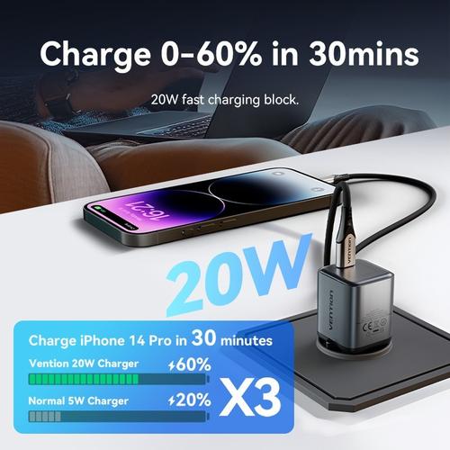 Vention Dash SerIes Kepala Charger GaN5 1C 20W Fast Charging EU With USB C To Lightning MFI Cable 1M - TZ-FEV