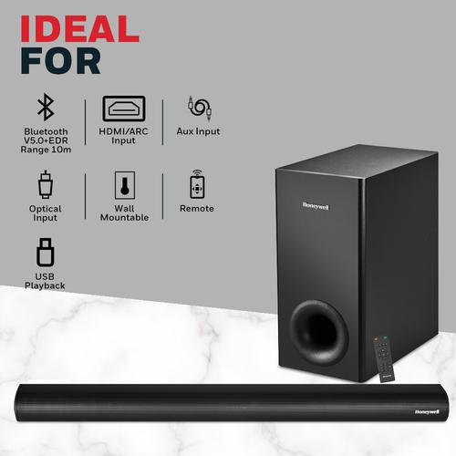Honeywell Trueno U3000 160W Soundbar with Wired Subwoofer, 2.1 Channel Sound, 57.15 mm*4 Drivers, Bluetooth V5.0+EDR, with Remote, EQ Mode, 5 Play Modes-BT, Audio Jack, USB, Optical & HDMI/ARC