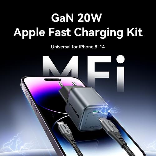 Vention Dash SerIes Kepala Charger GaN5 1C 20W Fast Charging EU With USB C To Lightning MFI Cable 1M - TZ-FEV