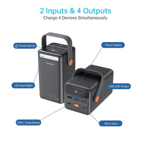Choetech B664 50000mAh PD + QC 65W Power Bank with Emergency Lights