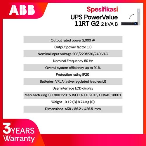 ABB UPS PowerValue 11RT G2 2kVA B 2000W RS232 USB COM slot 7min