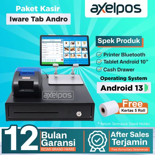 Paket Alat Mesin Kasir Android Iware - Tablet Android 10Inc - Printer Thermal Bluetooth 58mm - Cash Drawer 4 Slot - Free kertas 5 roll