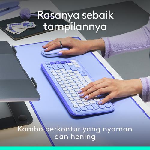 Logitech POP ICON COMBO Keyboard dan Mouse Bluetooth Lilac X Dobujack Moli Pocket White Purple Tees + Moli Black Purple Boardshort Exclusive Bundle