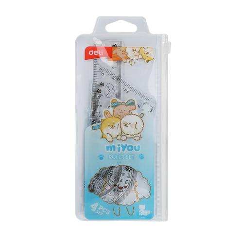 Deli Ruler Set / Set Penggaris Isi 4pcs Zip Bag Design Miyou EH657