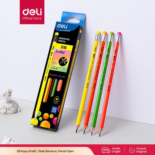 Deli EU51800 Grafit Pensil Kayu 12 Pcs/Box 4 Warna dengan Penghapus