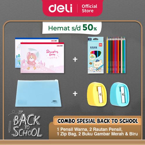 PAKET SIAP SEKOLAH DELI - Buku Gambar Anak, Pensil Warna Anak, Zip Bag