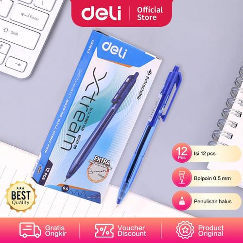 Deli Ballpoint Pen Blue Retracable / Pulpen Bolpoin Biru 0.5mm EQ02030
