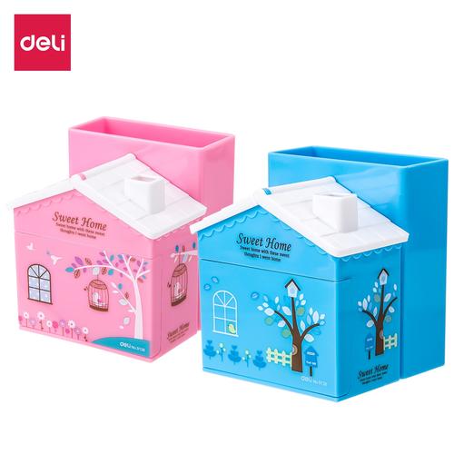 Deli E9138 Pulpen stand-PS House Desk Organizer 3 Comp Pink Blue