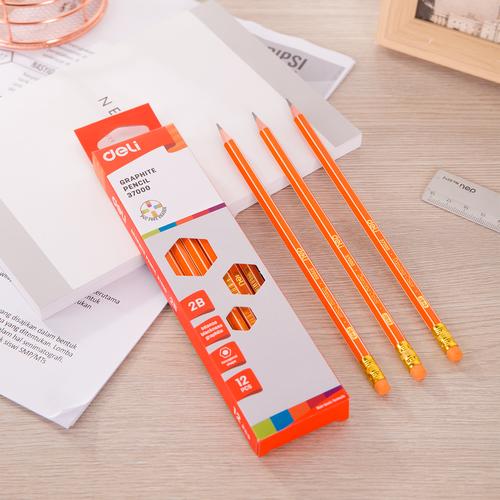 Deli E37000 Pensil Kayu- 2B w/eraser- Orange