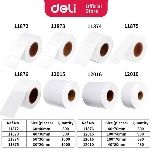 Deli Label Thermal 5 variasi ukuran 300/800/1000 pcs/roll putih 11875