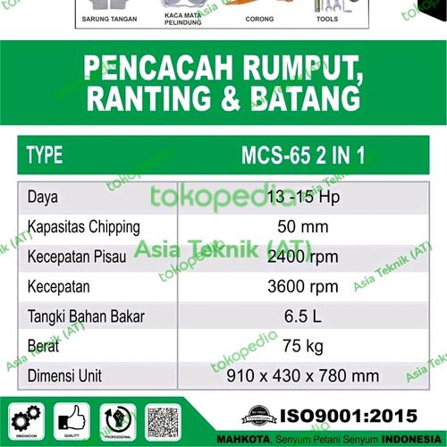 MESIN PENCACAH BATANG / RANTING / RUMPUT MAHKOTA MCS 65-2 WI ORIGINAL