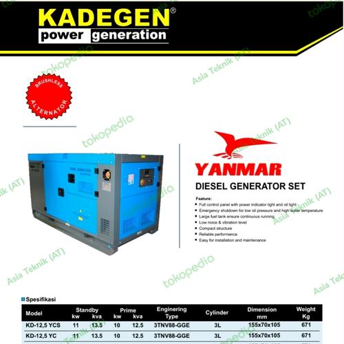 Genset silent Yanmar 10000 watt 12.5 kva 1 phase