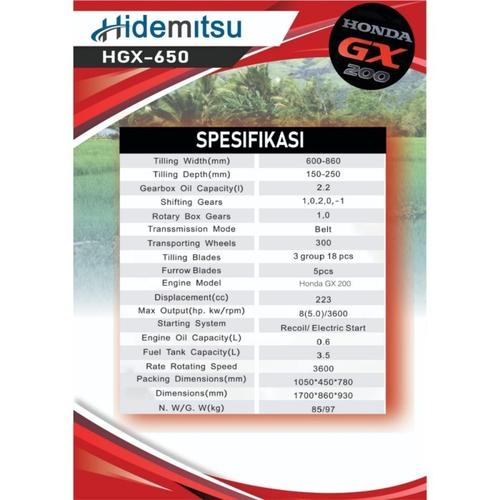 Mesin Tiller Cultivator Honda Hidemitsu HGX 650