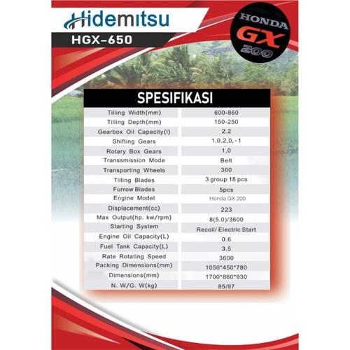 Mesin Cultivator Honda Hidemitsu HGX 650