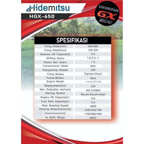 Mesin Cultivator Traktor Bajak Sawah Honda Hidemitsu HGX 650