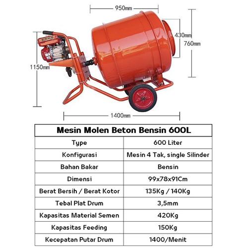 Dutec Mixer Molen Dorong Mesin Pengaduk Semen Concrete Engine 600Liter
