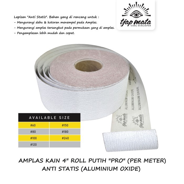 TJAP MATA / CAP MATA Amplas Kain 4" Roll Putih "PRO" (PER METER), dengan Lapisan Anti Statis