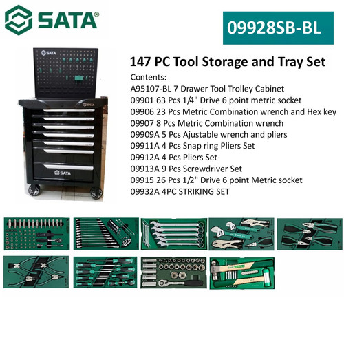 Tool Kit Set 147 Pcs 7 Drawer Tool Trolley Set 09928SB-BL Sata Tools