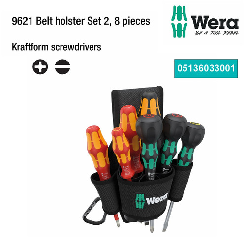 Obeng Set 8 pcs Plus + Minus - 05136033001 Wera 9621 Belt holster Set 2, 8 pieces