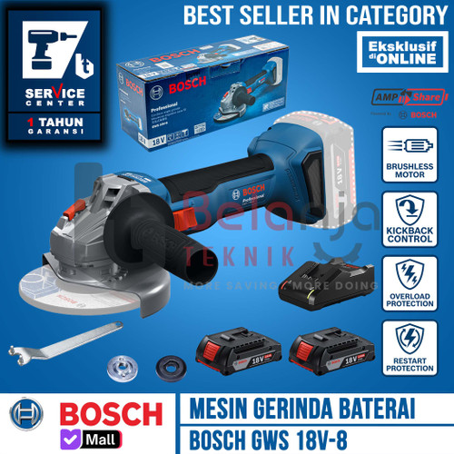 Mesin Gerinda Tangan Baterai Bosch GWS 18V-8 4 Inch Set X2 Charger Battery 2 AH 18V
