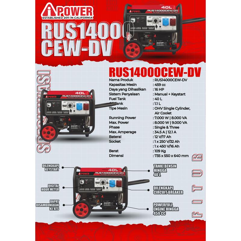 AIPOWER GASOLINE GENERATOR DAN GENSET BENSIN RUS14000CEW-DV