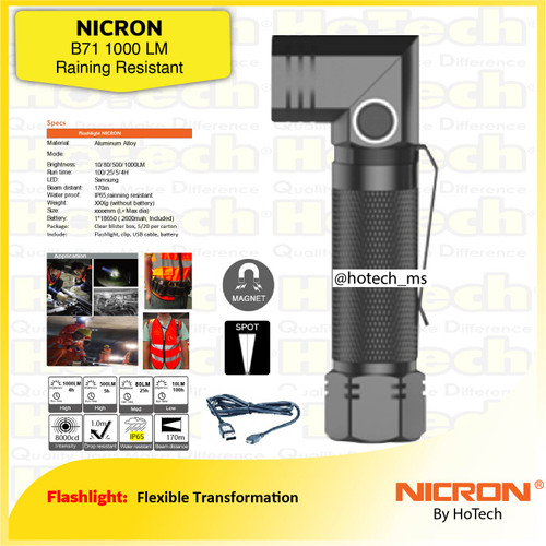 NICRON New B71 | Rechargeable Twist Flashlight LED 1000LM | Senter