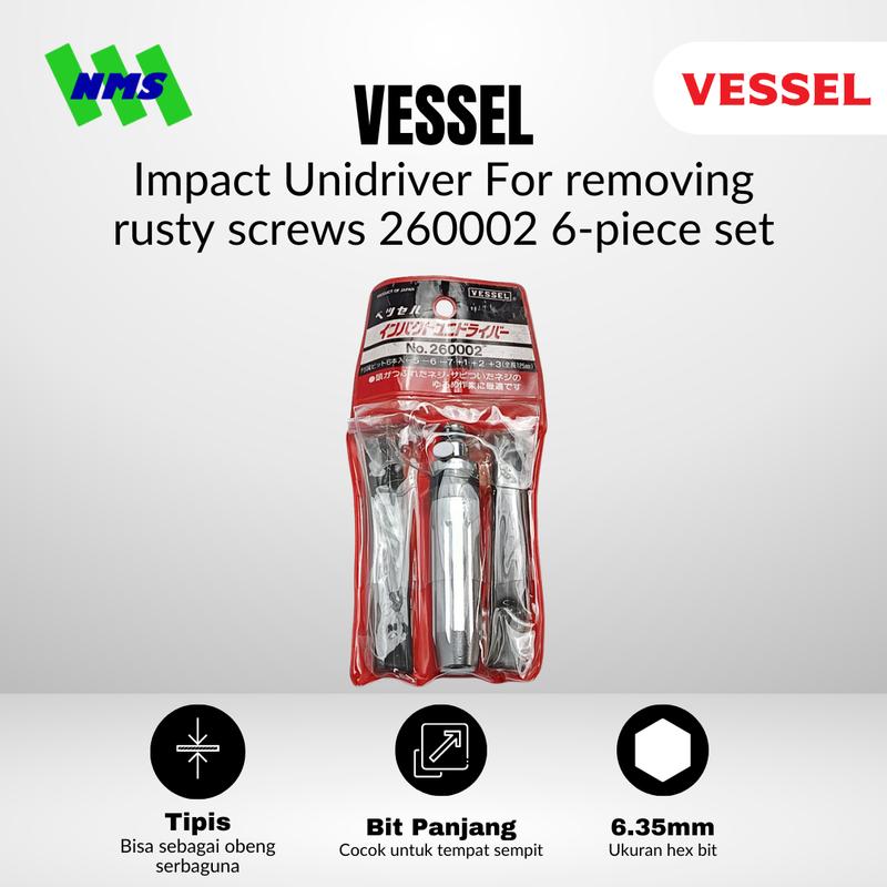 Obeng Ketok VESSEL Impact Unidriver Set No. 260002 Compact Grip Magnet Gagang Bola Sekrup Karat Dol
