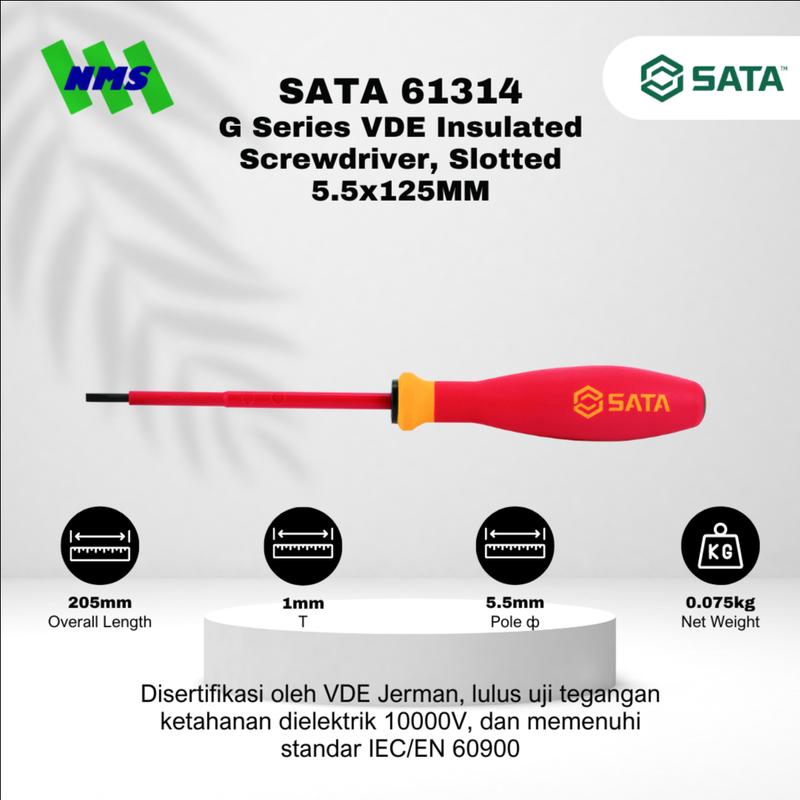 Obeng Minus SATA 61314 G-Series VDE Insulated Slotted Screwdriver 5.5X125 Tahan Listrik - Motor Mobil EV Electric Vehicle