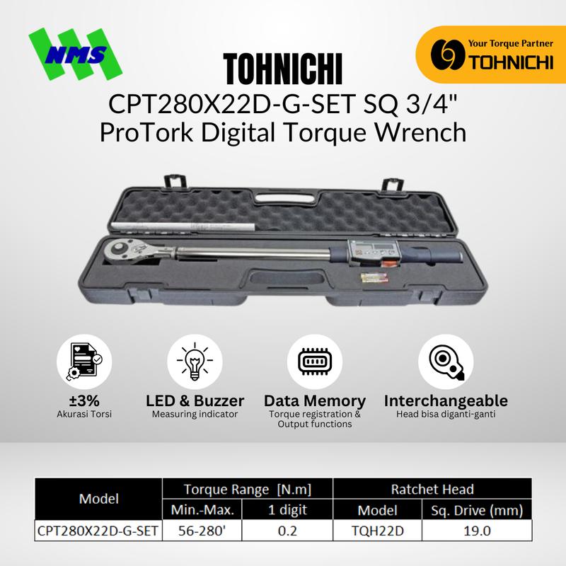 Kunci Torsi Tohnichi CPT280X22D-G-SET SQ 3/4" ProTork Digital Torque Wrench for Tightening 56 - 280Nm / 560 - 2800 kgfcm Include Case Konci Momen CPT
