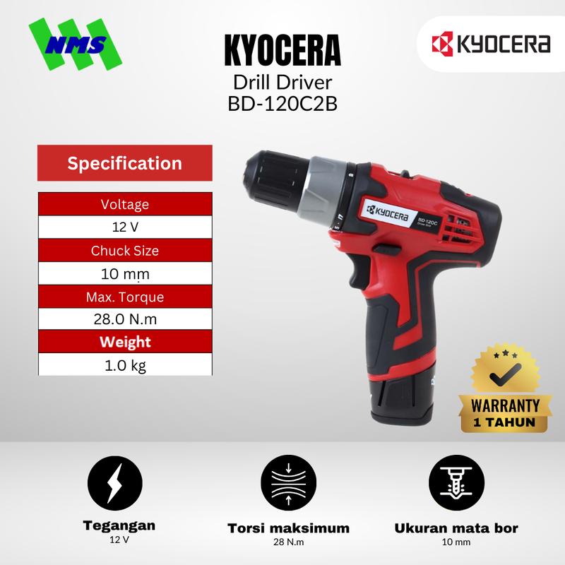 Mesin Bor Baterai KYOCERA BD-120C2B Drill Driver Chuck 10mm Torsi 28Nm Speed 1300rpm Fullset - Ryobi