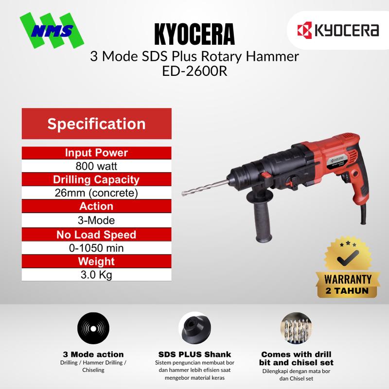 Mesin Bor Beton Listrik KYOCERA ED-2600R 26mm 3 Mode SDS Plus Rotary Hammer Speed Hammer 4860 800W Full Set - Ryobi
