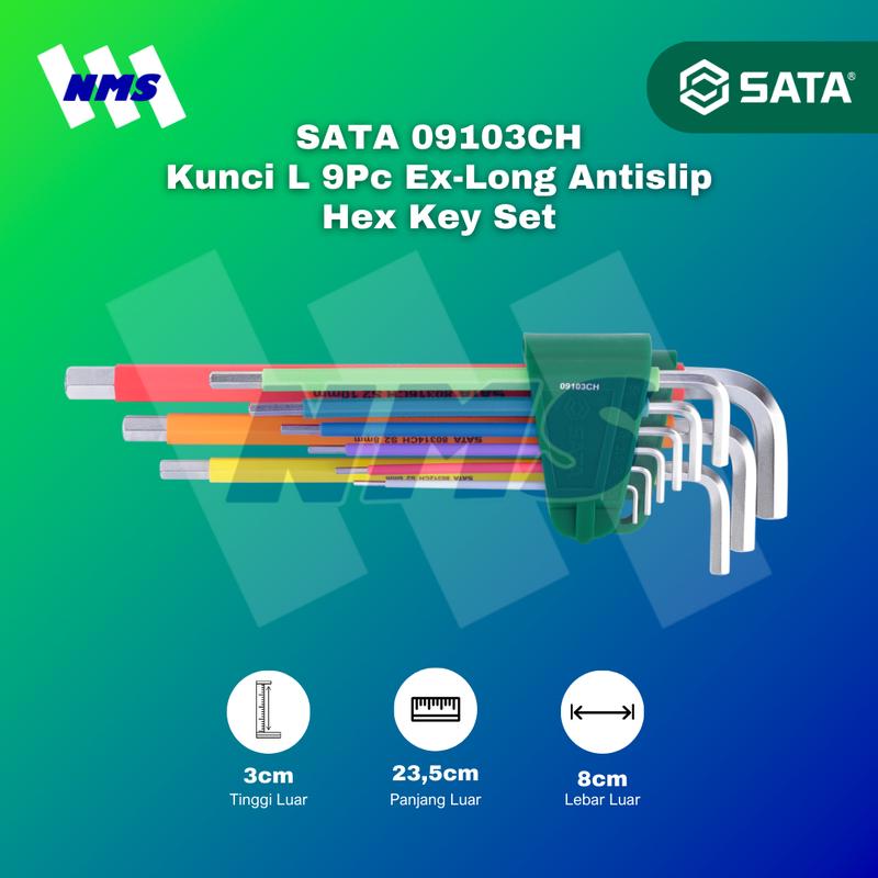 Kunci L SATA 09103CH 9Pc Ex-Long Antislip Hex Key Set 1.5mm ~ 10mm