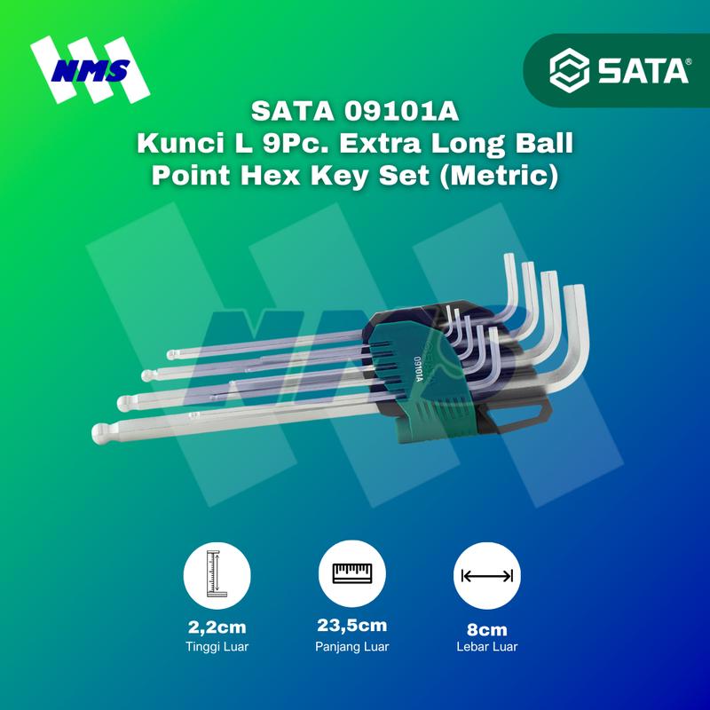 Kunci L SATA 09101A 9Pc Extra Long Ball Point Hex Key Set 1.5mm ~ 10mm