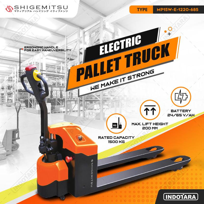 Pallet Truck elektrik 1.5 Ton / TonShigemitsu Warehouse Equipment Heavy Duty Electric Pallet Truck 1.5T MP15W-E-1220-685