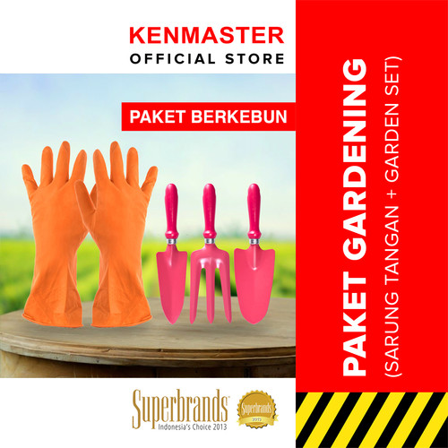 Kenmaster Paket Berkebun - Sarung Tangan Karet Orange L + Garden Tools / Alat Berkebun 1 Set / Alat Berkebun Set
