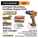 P20S Brushless Impact Drill (66Nm 13mm) INGCO CIDLI206681 Bor Compact Cordless Pesek Tembok Beton Impak Chuck Metal Baterai Li-Ion