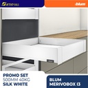 BLUM PROMO PAKET LENGKAP DRAWER RAK MERIVOBOX I3 SILK WHITE 500MM 40KG