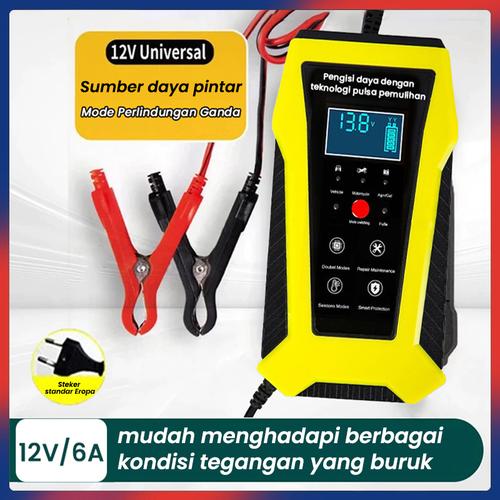 Premium Charger Aki 12V  6A Intelligent Charging System Motor Pulse Repair Motor Truck Smart Charging System  LCD Display - kuning  12V