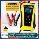 Premium Charger Aki 12V  6A Intelligent Charging System Motor Pulse Repair Motor Truck Smart Charging System  LCD Display - kuning  12V