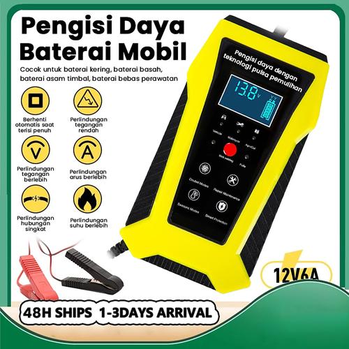 Premium Charger Aki 12V  6A Intelligent Charging System Motor Pulse Repair Motor Truck Smart Charging System  LCD Display