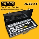 【KEELAT】 24Pcs Kunci Sok Set Socket Full Lengkap Socket Tool Kit Pas Ring Motor Kunci Socket Wrench Pas Sok Shock Logam - 24pcs—PresisiTinggi