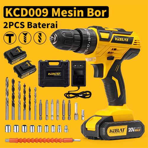 KEELAT-KCD009  Mesin Bor 10mm Bor Listrik Murah Bor Tangan Baterai Besi Tembok Beton kayu - Cordless 3in1 Impact Drill set hammer fungsi Torsi - KCD009*2🔋