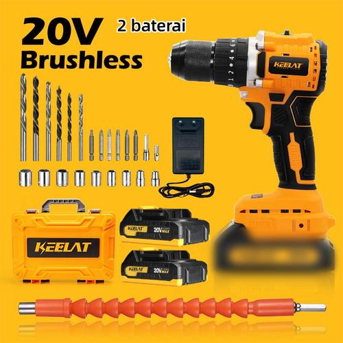 【KEELAT-KCD007】Brushless Mesin Bor Baterai 80N.M 10mm Bor listrik Drill Cordless Impact Drill Electric Screw Driver Hammer Set Brushless Motor  Cordless Impact Drill Bor Beton Kayu BesiTembok  MT Baterai Torsi bor  redbon pakk - YE-20V*2🔋 Brushless