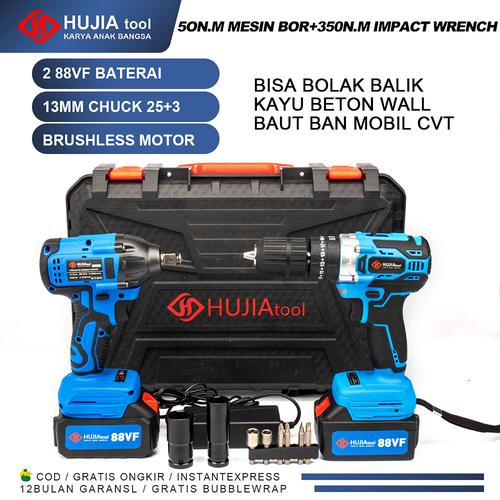 HUJIA Cordless Impact Wrench + Mesin Bor Beton Tembok Set Bukabaut Mobil Portable Baterai Pembuka Baut Kecepatan Dapat Digunakan Pada Kayu Beton Dinding Ubin Keramik 88V 2021+2221