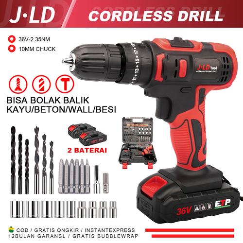 JLD Mesin Bor Baterai 36Vf Cordless bor Mesin Bor cas murah bolak balik/Kasus/Charger - fullset Bor Baterai/Impact Bor / Beton Besi Bor kayu/ Bor Cas Murah Promo/2 baterai Torsi - JLD(2Bat) SET-1161