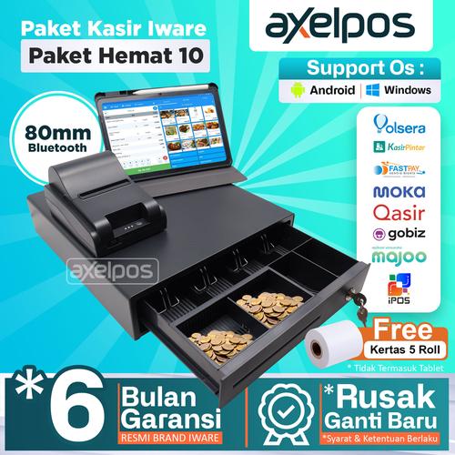 Paket Alat Mesin Kasir Umkm Iware Printer Bluetooth 80mm - Cash Drawer 4 Slot - Free kertas 5 Roll